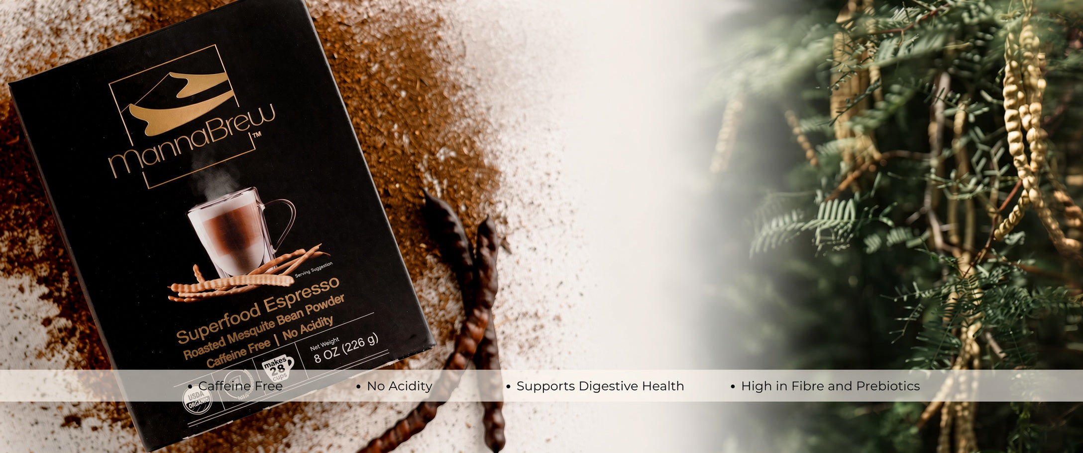 MannaBrew Superfood Espresso Powder box shown on a styled background with coffee beans, cocoa powder, and green foliage, with a white banner containing product benefits across the bottom.